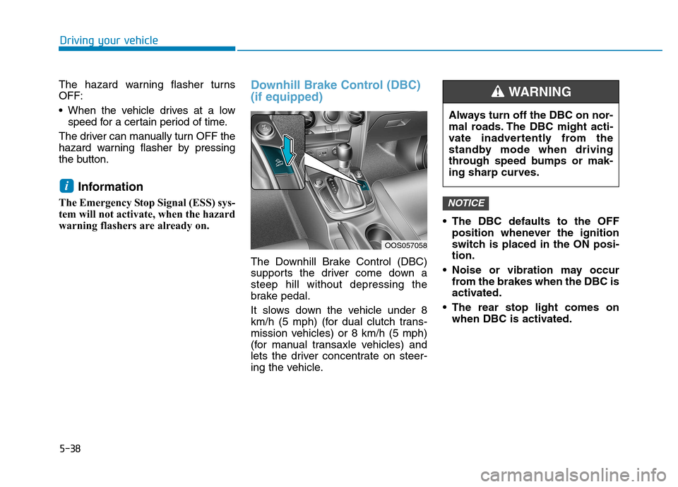 Hyundai Kona 2018  Owners Manual 5-38
Driving your vehicle
The hazard warning flasher turns OFF: 
 When the vehicle drives at a lowspeed for a certain period of time.
The driver can manually turn OFF the 
hazard warning flasher by pr