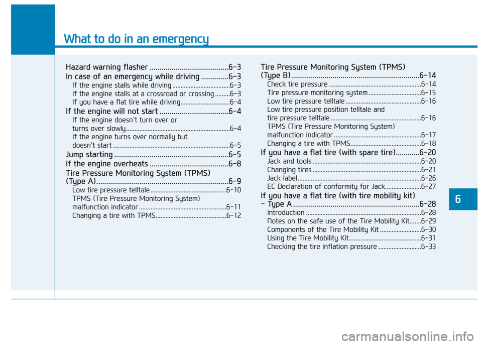 Hyundai Kona 2018  Owners Manual What to do in an emergency
Hazard warning flasher ........................................6-3 
In case of an emergency while driving ..............6-3If the engine stalls while driving ...............