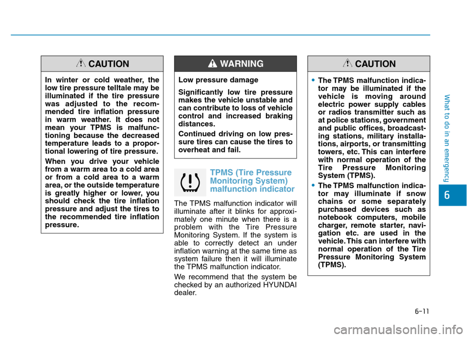 Hyundai Kona 2018  Owners Manual 6-11
What to do in an emergency
6
TPMS (Tire Pressure Monitoring System)malfunction indicator
The TPMS malfunction indicator will 
illuminate after it blinks for approxi-
mately one minute when there 