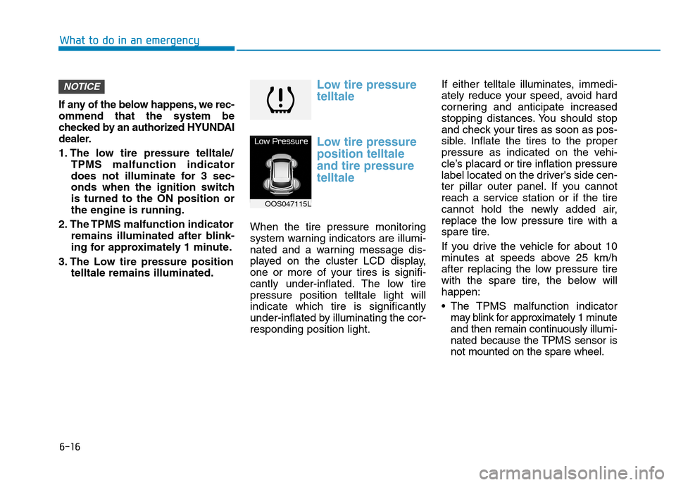 Hyundai Kona 2018  Owners Manual 6-16
What to do in an emergency
If any of the below happens, we rec- ommend that the system be
checked by an authorized HYUNDAI
dealer. 
1. The low tire pressure telltale/TPMS malfunction indicator 
d