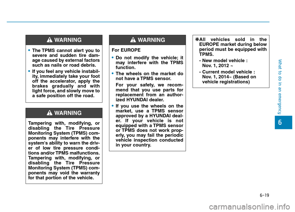 Hyundai Kona 2018  Owners Manual 6-19
What to do in an emergency
6
The TPMS cannot alert you to 
severe and sudden tire dam-
age caused by external factors
such as nails or road debris.
If you feel any vehicle instabil- 
ity, immedia