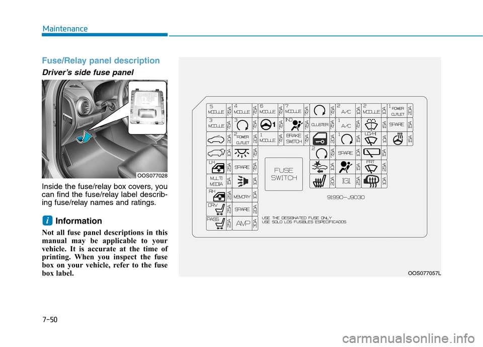 Hyundai Kona 2018  Owners Manual 7-50
Maintenance
Fuse/Relay panel description
Driver’s side fuse panel
Inside the fuse/relay box covers, you 
can find the fuse/relay label describ-
ing fuse/relay names and ratings.Information
Not 