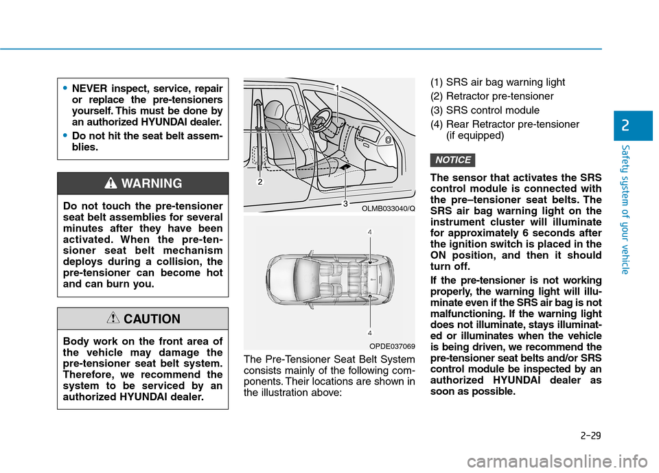 Hyundai Kona 2018 Service Manual 2-29
Safety system of your vehicle
2
The Pre-Tensioner Seat Belt System
consists mainly of the following com-
ponents. Their locations are shown in
the illustration above:(1) SRS air bag warning ligh Hyundai Kona 2018 Service Manual 2-29
Safety system of your vehicle
2
The Pre-Tensioner Seat Belt System
consists mainly of the following com-
ponents. Their locations are shown in
the illustration above:(1) SRS air bag warning ligh
