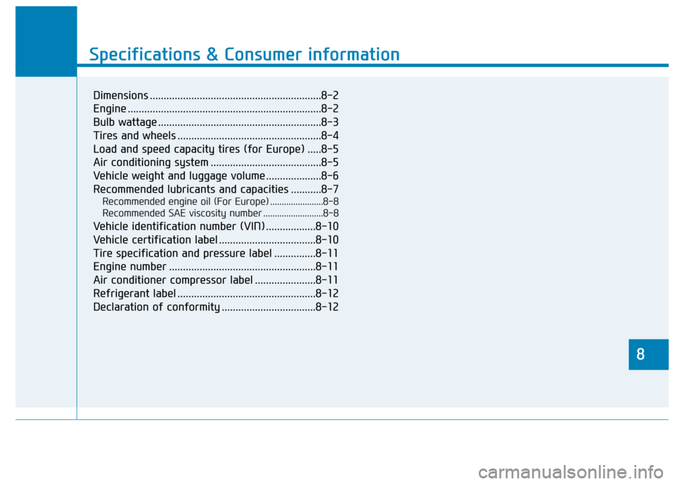 Hyundai Kona 2018  Owners Manual 8
Specifications & Consumer information
8
Specifications & Consumer information
8
Dimensions ..............................................................8-2 
Engine .................................