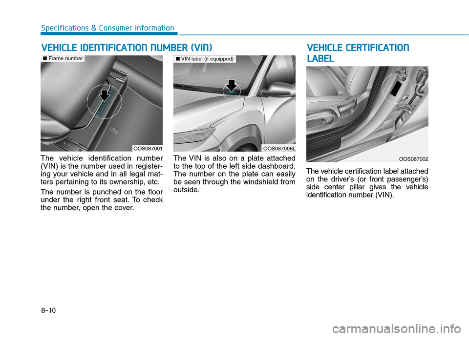 Hyundai Kona 2018 Owners Manual 8-10
Specifications & Consumer information
The vehicle identification number
(VIN) is the number used in register-
ing your vehicle and in all legal mat-
ters pertaining to its ownership, etc.
The n Hyundai Kona 2018 Owners Manual 8-10
Specifications & Consumer information
The vehicle identification number
(VIN) is the number used in register-
ing your vehicle and in all legal mat-
ters pertaining to its ownership, etc.
The n