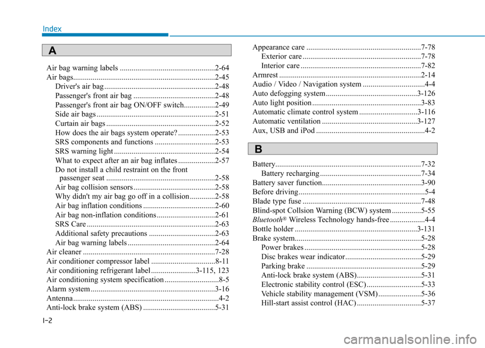 Hyundai Kona 2018 User Guide I-2Air bag warning labels .................................................2-64 
Air bags.........................................................................2-45
Drivers air bag ................