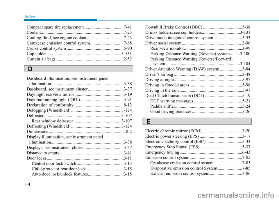 Hyundai Kona 2018 User Guide I-4Compact spare tire replacement ...................................7-41 
Coolant..........................................................................7-23
Cooling fluid, see engine coolant .....