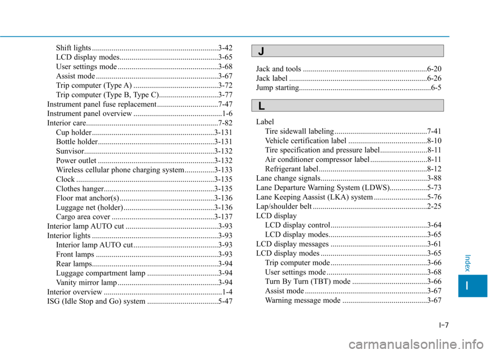 Hyundai Kona 2018  Owners Manual I-7
Shift lights ................................................................3-42 
LCD display modes..................................................3-65
User settings mode ......................