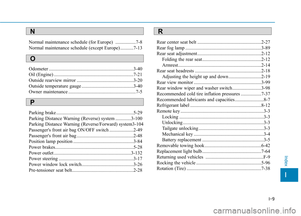 Hyundai Kona 2018  Owners Manual I-9
Normal maintenance schedule (for Europe)  .................7-8 
Normal maintenance schedule (except Europe) ...........7-13 
Odometer ..............................................................