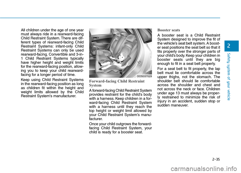 Hyundai Kona 2018  Owners Manual 2-35
Safety system of your vehicle
2
All children under the age of one year 
must always ride in a rearward-facing
Child Restraint System. There are dif-
ferent types of rearward-facing Child
Restrain