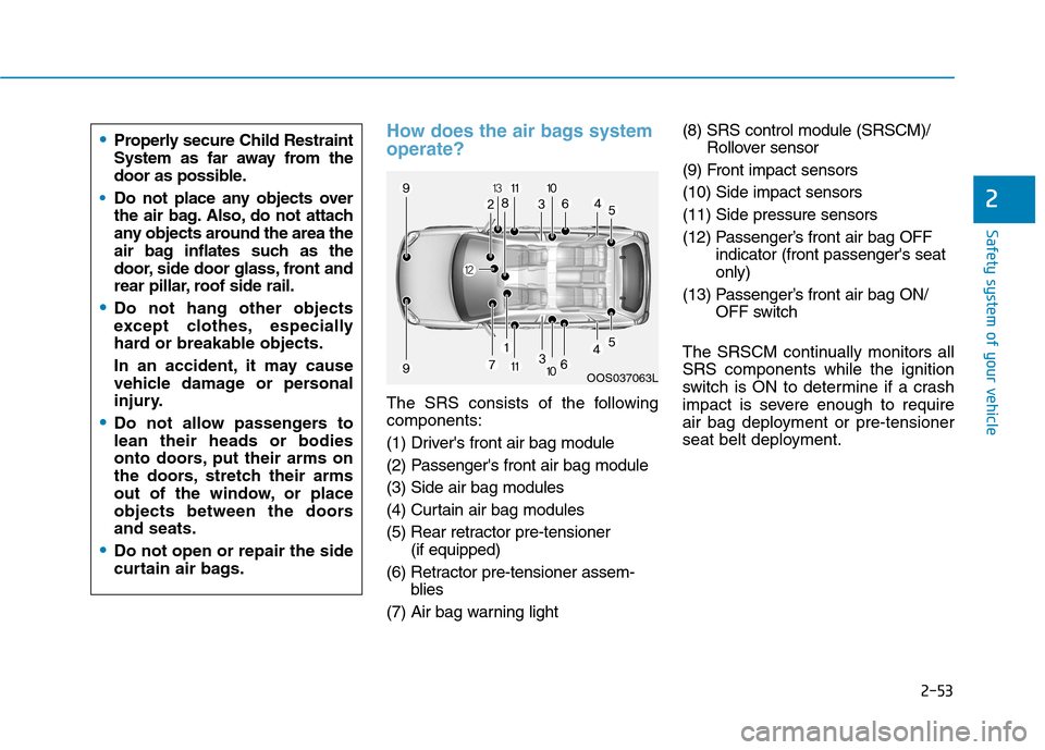Hyundai Kona 2018 Manual PDF 2-53
Safety system of your vehicle
2
How does the air bags system operate?
The SRS consists of the following components:
(1) Drivers front air bag module
(2) Passengers front air bag module(3) Sid Hyundai Kona 2018 Manual PDF 2-53
Safety system of your vehicle
2
How does the air bags system operate?
The SRS consists of the following components:
(1) Drivers front air bag module
(2) Passengers front air bag module(3) Sid