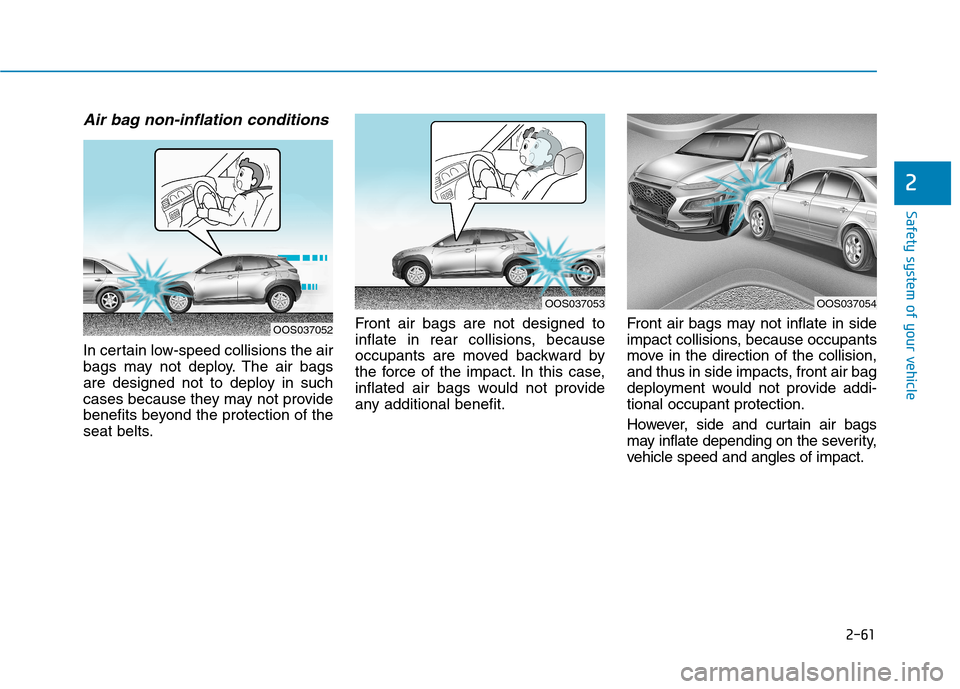 Hyundai Kona 2018 Manual PDF 2-61
Safety system of your vehicle
2
Air bag non-inflation conditions
In certain low-speed collisions the air
bags may not deploy. The air bags
are designed not to deploy in such
cases because they Hyundai Kona 2018 Manual PDF 2-61
Safety system of your vehicle
2
Air bag non-inflation conditions
In certain low-speed collisions the air
bags may not deploy. The air bags
are designed not to deploy in such
cases because they