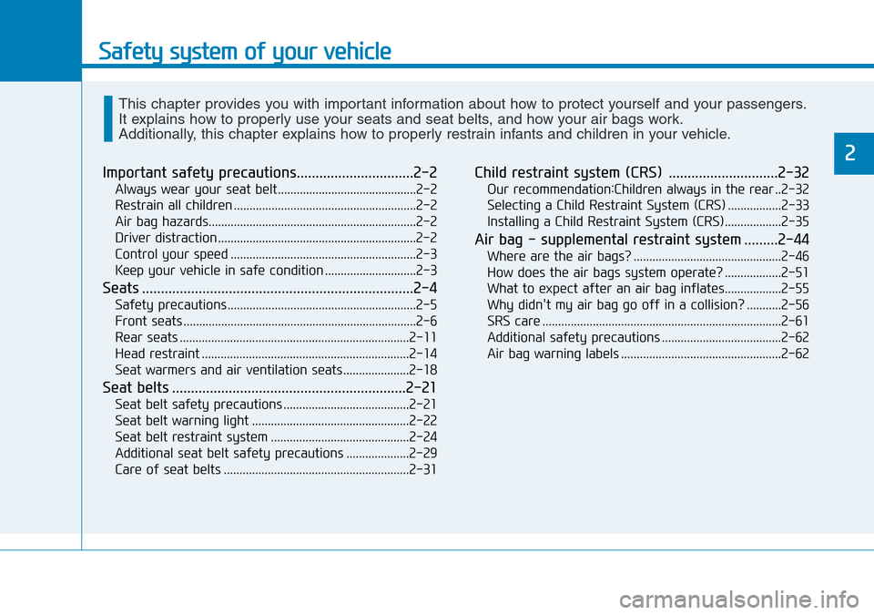 Hyundai Kona 2018   - RHD (UK, Australia) User Guide Safety system of your vehicle
2
Important safety precautions...............................2-2
Always wear your seat belt............................................2-2
Restrain all children .........