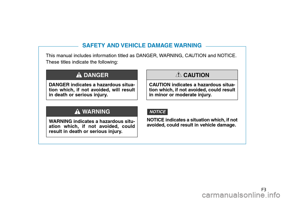 Hyundai Kona 2018 Owners Manual - RHD (UK, Australia) F3
This manual includes information titled as DANGER, WARNING, CAUTION and NOTICE.
These titles indicate the following:
SAFETY AND VEHICLE DAMAGE WARNING
DANGER indicates a hazardous situa-
tion which Hyundai Kona 2018 Owners Manual - RHD (UK, Australia) F3
This manual includes information titled as DANGER, WARNING, CAUTION and NOTICE.
These titles indicate the following:
SAFETY AND VEHICLE DAMAGE WARNING
DANGER indicates a hazardous situa-
tion which