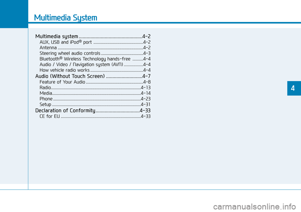 Hyundai Kona 2018 Owners Manual - RHD (UK, Australia) Multimedia System
Multimedia system .................................................4-2
AUX, USB and iPod®port ..............................................4-2
Antenna ............................. Hyundai Kona 2018 Owners Manual - RHD (UK, Australia) Multimedia System
Multimedia system .................................................4-2
AUX, USB and iPod®port ..............................................4-2
Antenna .............................