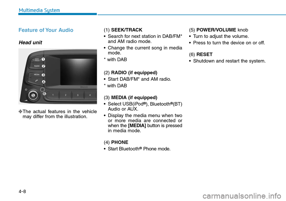Hyundai Kona 2018 Owners Manual - RHD (UK, Australia) 4-8
Multimedia System
Feature of Your Audio
Head unit
❈The actual features in the vehicle
may differ from the illustration. (1)
SEEK/TRACK
• Search for next station in DAB/FM* and AM radio mode.
Hyundai Kona 2018 Owners Manual - RHD (UK, Australia) 4-8
Multimedia System
Feature of Your Audio
Head unit
❈The actual features in the vehicle
may differ from the illustration. (1)
SEEK/TRACK
• Search for next station in DAB/FM* and AM radio mode.