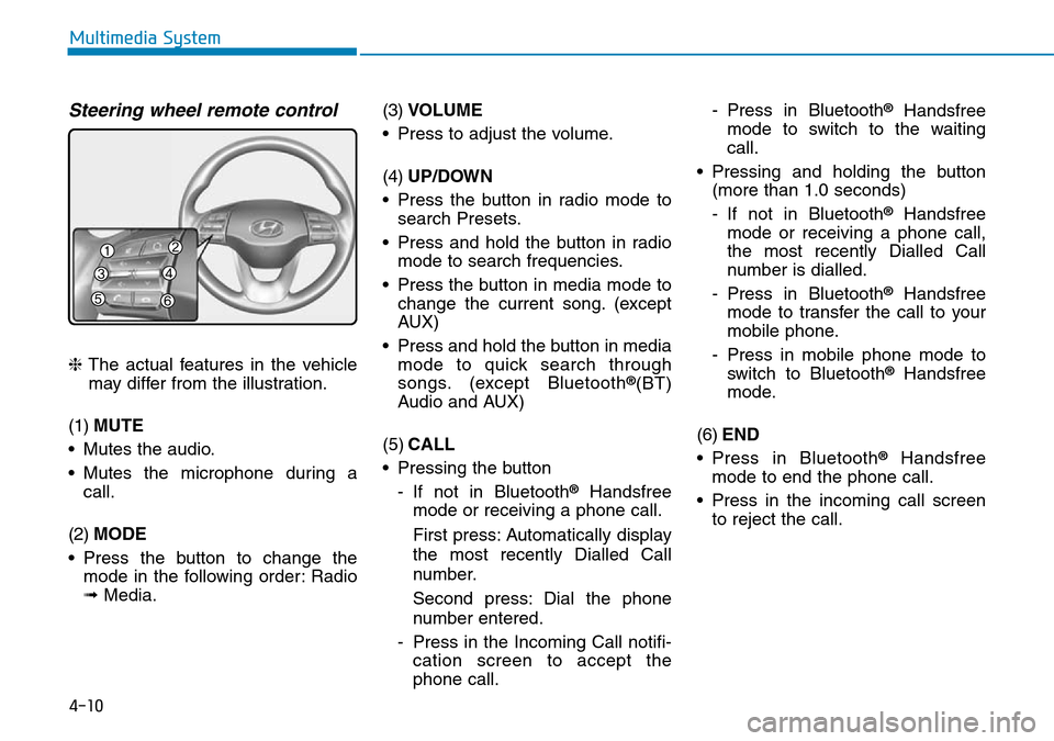 Hyundai Kona 2018 Owners Manual - RHD (UK, Australia) 4-10
Multimedia System
Steering wheel remote control
❈The actual features in the vehicle
may differ from the illustration.
(1) MUTE
• Mutes the audio.
• Mutes the microphone during a call.
(2) M Hyundai Kona 2018 Owners Manual - RHD (UK, Australia) 4-10
Multimedia System
Steering wheel remote control
❈The actual features in the vehicle
may differ from the illustration.
(1) MUTE
• Mutes the audio.
• Mutes the microphone during a call.
(2) M