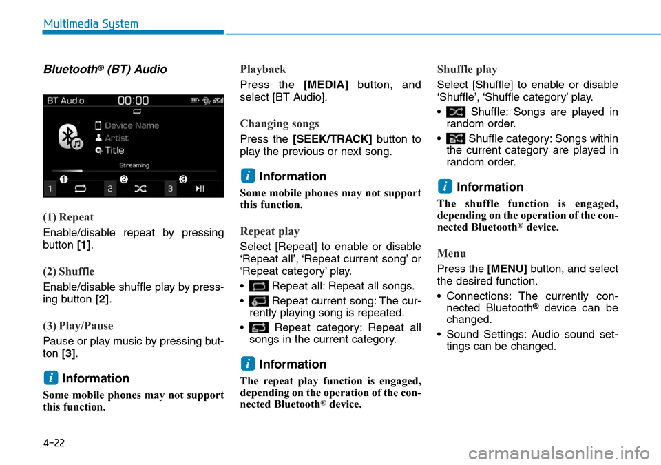 Hyundai Kona 2018  Owners Manual - RHD (UK, Australia) 4-22
Multimedia System
Bluetooth®(BT) Audio
(1) Repeat
Enable/disable repeat by pressing
button [1].
(2) Shuffle
Enable/disable shuffle play by press-
ing button  [2].
(3) Play/Pause
Pause or play mu