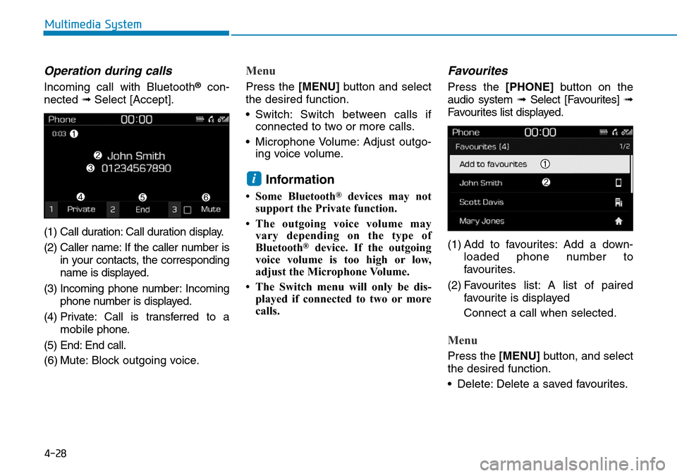 Hyundai Kona 2018  Owners Manual - RHD (UK, Australia) 4-28
Multimedia System
Operation during calls 
Incoming call with Bluetooth®con-
nected  ➟Select [Accept].
(1) Call duration: Call duration display.
(2) Caller name: If the caller number is in your