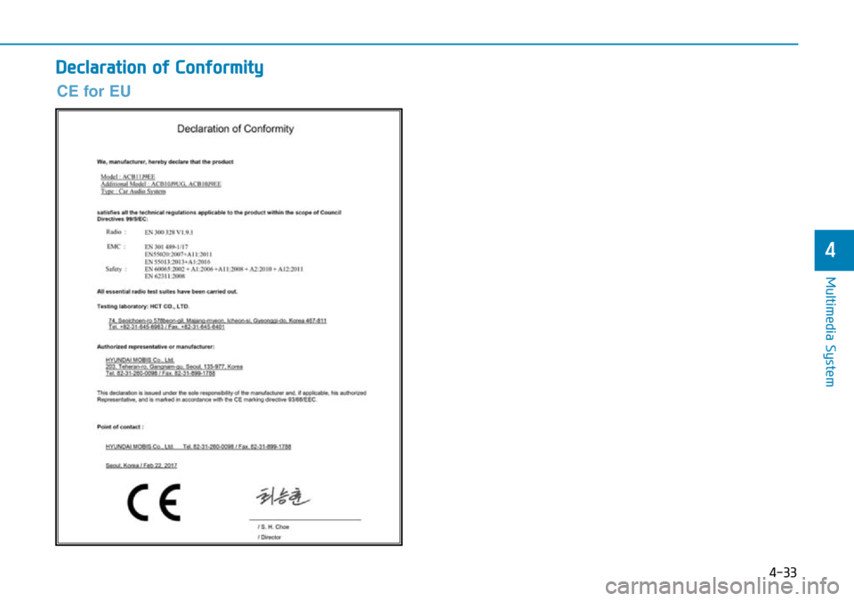Hyundai Kona 2018 Owners Manual - RHD (UK, Australia) 4-33
Multimedia System
4
Declaration of Conformity
CE for EU Hyundai Kona 2018 Owners Manual - RHD (UK, Australia) 4-33
Multimedia System
4
Declaration of Conformity
CE for EU