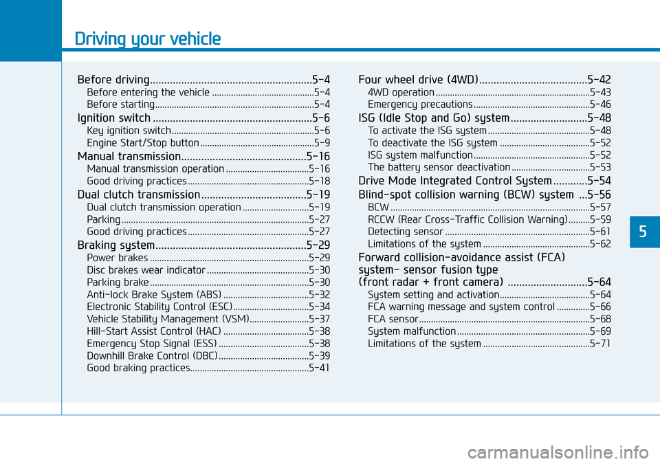 Hyundai Kona 2018  Owners Manual - RHD (UK, Australia) Driving your vehicle
Before driving.........................................................5-4
Before entering the vehicle ...........................................5-4
Before starting..............