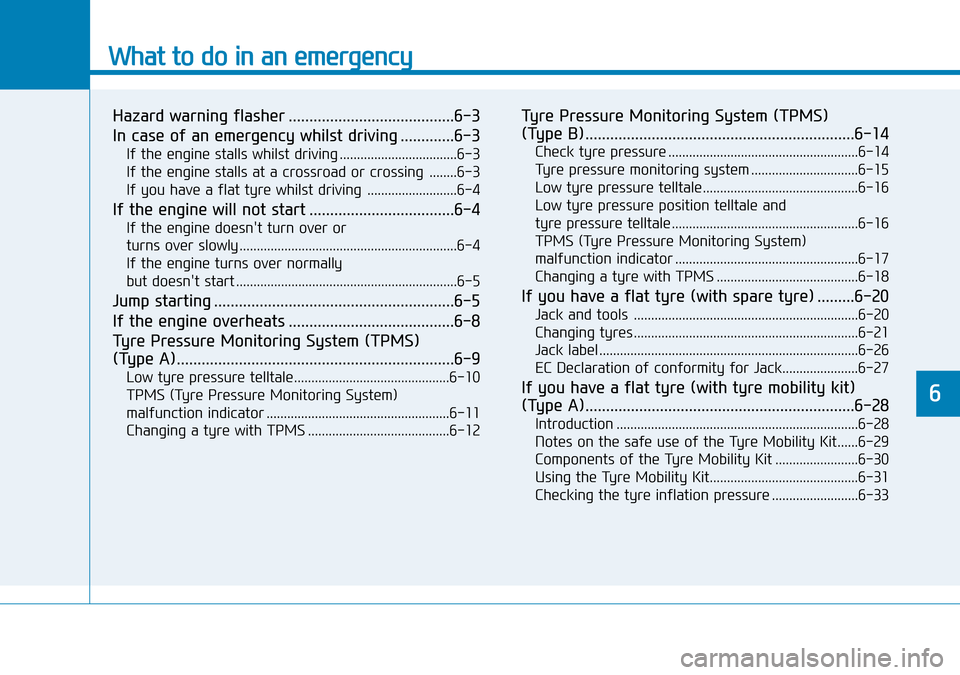 Hyundai Kona 2018 Owners Manual - RHD (UK, Australia) What to do in an emergency
Hazard warning flasher ........................................6-3
In case of an emergency whilst driving .............6-3
If the engine stalls whilst driving .............. Hyundai Kona 2018 Owners Manual - RHD (UK, Australia) What to do in an emergency
Hazard warning flasher ........................................6-3
In case of an emergency whilst driving .............6-3
If the engine stalls whilst driving ..............