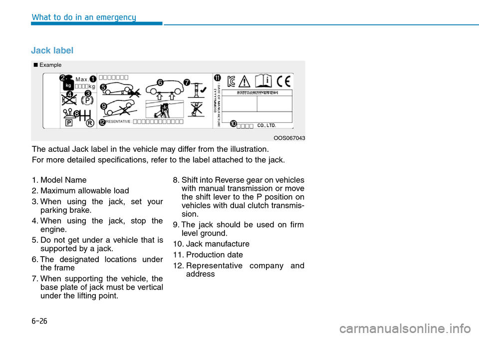 Hyundai Kona 2018  Owners Manual - RHD (UK, Australia) 6-26
What to do in an emergency
Jack label
■Example
OOS067043
1. Model Name
2. Maximum allowable load
3. When using the jack, set your
parking brake.
4. When using the jack, stop the engine.
5. Do n