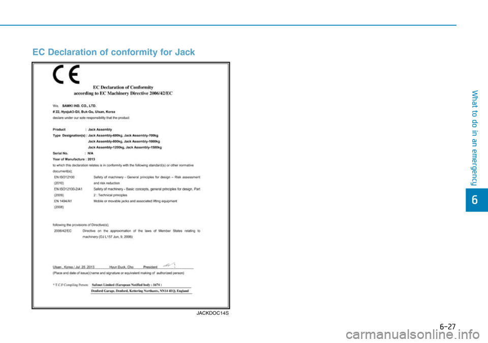 Hyundai Kona 2018  Owners Manual - RHD (UK, Australia) 6-27
What to do in an emergency
6
EC Declaration of conformity for Jack
JACKDOC14S 