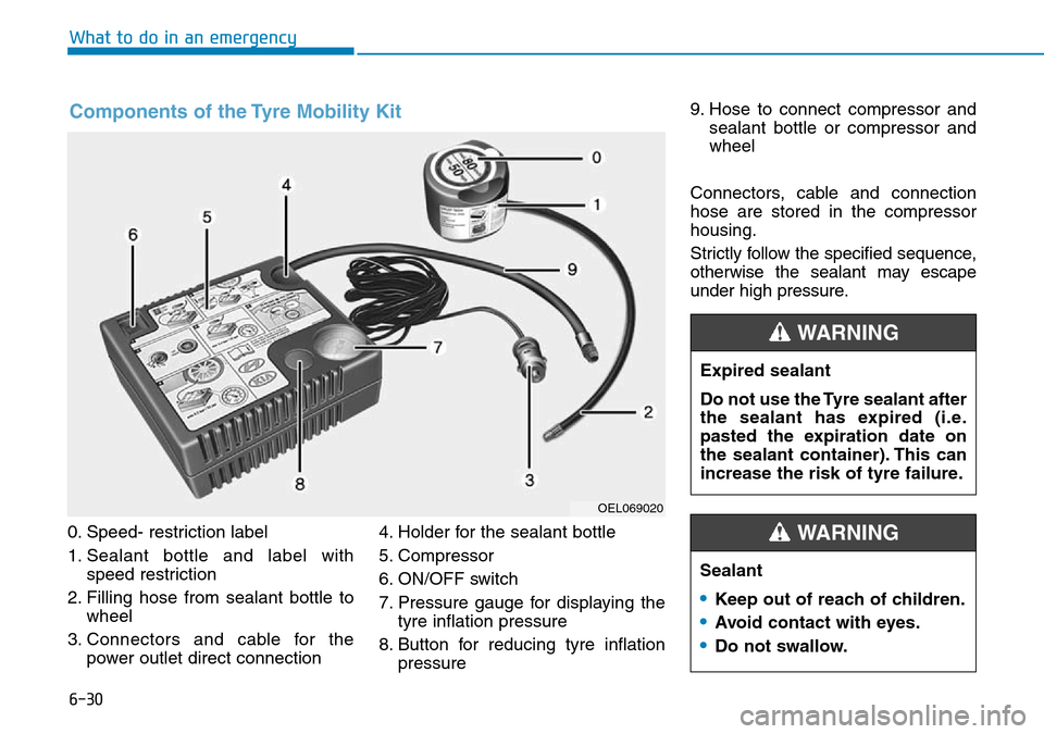 Hyundai Kona 2018 Owners Manual - RHD (UK, Australia) 6-30
What to do in an emergency
0. Speed- restriction label
1. Sealant bottle and label with speed restriction
2. Filling hose from sealant bottle to wheel
3. Connectors and cable for the power outlet Hyundai Kona 2018 Owners Manual - RHD (UK, Australia) 6-30
What to do in an emergency
0. Speed- restriction label
1. Sealant bottle and label with speed restriction
2. Filling hose from sealant bottle to wheel
3. Connectors and cable for the power outlet