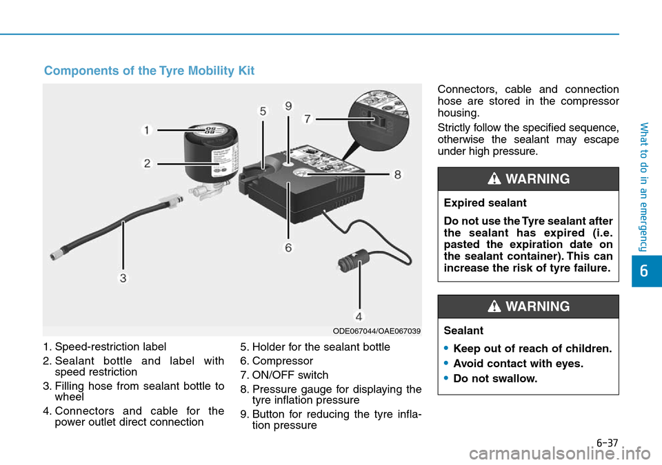 Hyundai Kona 2018 Owners Manual - RHD (UK, Australia) 6-37
What to do in an emergency
6
1. Speed-restriction label
2. Sealant bottle and label withspeed restriction
3. Filling hose from sealant bottle to wheel
4. Connectors and cable for the power outlet Hyundai Kona 2018 Owners Manual - RHD (UK, Australia) 6-37
What to do in an emergency
6
1. Speed-restriction label
2. Sealant bottle and label withspeed restriction
3. Filling hose from sealant bottle to wheel
4. Connectors and cable for the power outlet