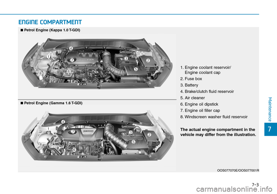Hyundai Kona 2018 Owners Manual - RHD (UK, Australia) 7-3
7
Maintenance
ENGINE COMPARTMENT
1. Engine coolant reservoir/Engine coolant cap
2. Fuse box
3. Battery
4. Brake/clutch fluid reservoir
5. Air cleaner
6. Engine oil dipstick
7. Engine oil filler ca Hyundai Kona 2018 Owners Manual - RHD (UK, Australia) 7-3
7
Maintenance
ENGINE COMPARTMENT
1. Engine coolant reservoir/Engine coolant cap
2. Fuse box
3. Battery
4. Brake/clutch fluid reservoir
5. Air cleaner
6. Engine oil dipstick
7. Engine oil filler ca