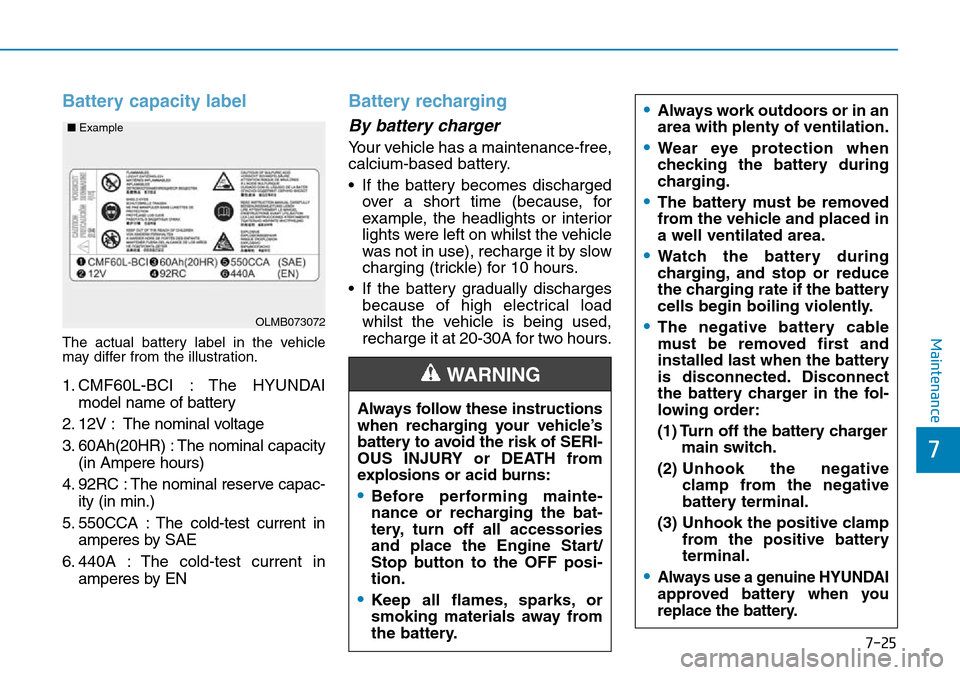 Hyundai Kona 2018 Owners Manual - RHD (UK, Australia) 7-25
7
Maintenance
Battery capacity label
The actual battery label in the vehicle
may differ from the illustration.
1. CMF60L-BCI : The HYUNDAImodel name of battery
2. 12V : The nominal voltage
3. 60 Hyundai Kona 2018 Owners Manual - RHD (UK, Australia) 7-25
7
Maintenance
Battery capacity label
The actual battery label in the vehicle
may differ from the illustration.
1. CMF60L-BCI : The HYUNDAImodel name of battery
2. 12V : The nominal voltage
3. 60
