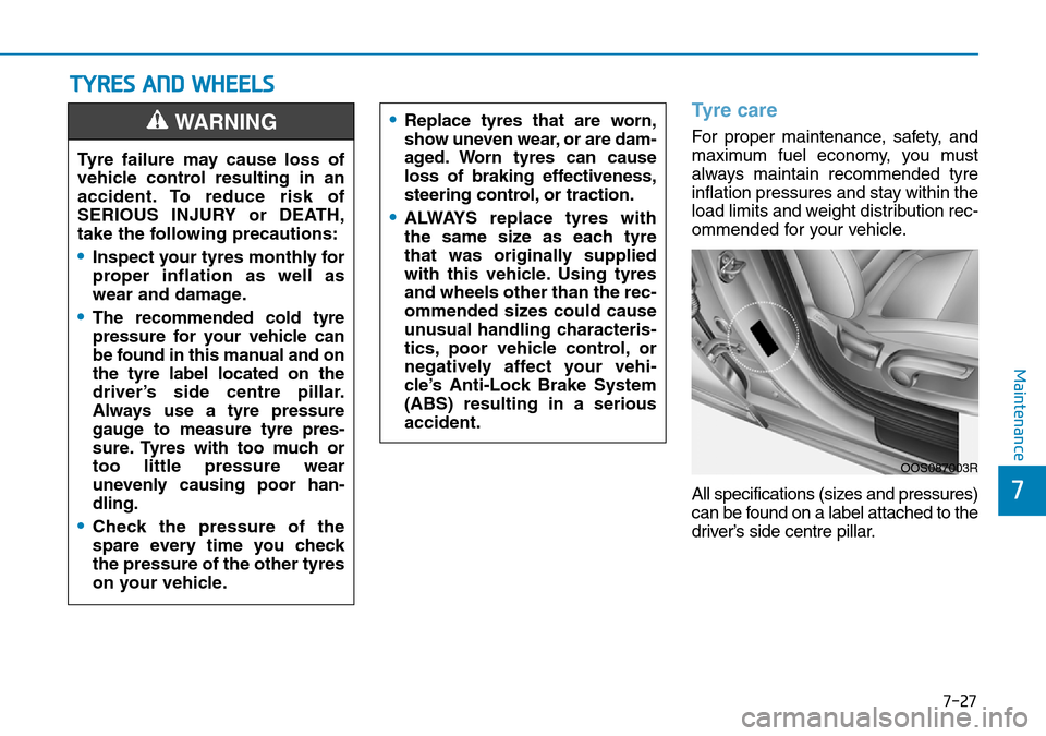 Hyundai Kona 2018 Owners Manual - RHD (UK, Australia) 7-27
7
Maintenance
TYRES AND WHEELS
Tyre care
For proper maintenance, safety, and
maximum fuel economy, you must
always maintain recommended tyre
inflation pressures and stay within the
load limits a Hyundai Kona 2018 Owners Manual - RHD (UK, Australia) 7-27
7
Maintenance
TYRES AND WHEELS
Tyre care
For proper maintenance, safety, and
maximum fuel economy, you must
always maintain recommended tyre
inflation pressures and stay within the
load limits a