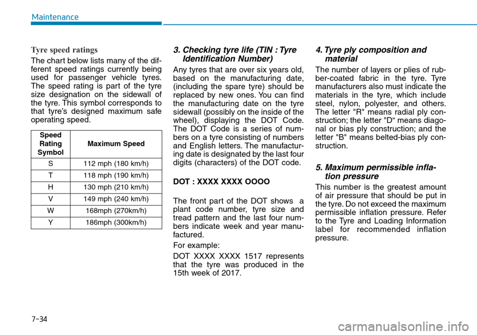 Hyundai Kona 2018 Owners Manual - RHD (UK, Australia) 7-34
Maintenance
Tyre speed ratings
The chart below lists many of the dif-
ferent speed ratings currently being
used for passenger vehicle tyres.
The speed rating is part of the tyre
size designation Hyundai Kona 2018 Owners Manual - RHD (UK, Australia) 7-34
Maintenance
Tyre speed ratings
The chart below lists many of the dif-
ferent speed ratings currently being
used for passenger vehicle tyres.
The speed rating is part of the tyre
size designation