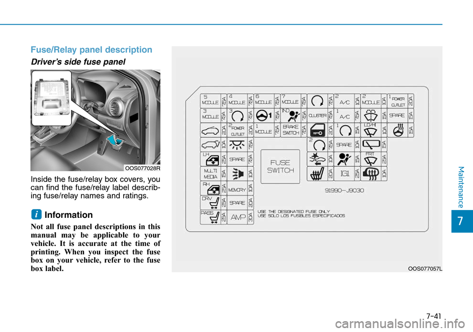 Hyundai Kona 2018 Owners Manual - RHD (UK, Australia) 7-41
7
Maintenance
Fuse/Relay panel description
Driver’s side fuse panel
Inside the fuse/relay box covers, you
can find the fuse/relay label describ-
ing fuse/relay names and ratings.
Information
No Hyundai Kona 2018 Owners Manual - RHD (UK, Australia) 7-41
7
Maintenance
Fuse/Relay panel description
Driver’s side fuse panel
Inside the fuse/relay box covers, you
can find the fuse/relay label describ-
ing fuse/relay names and ratings.
Information
No