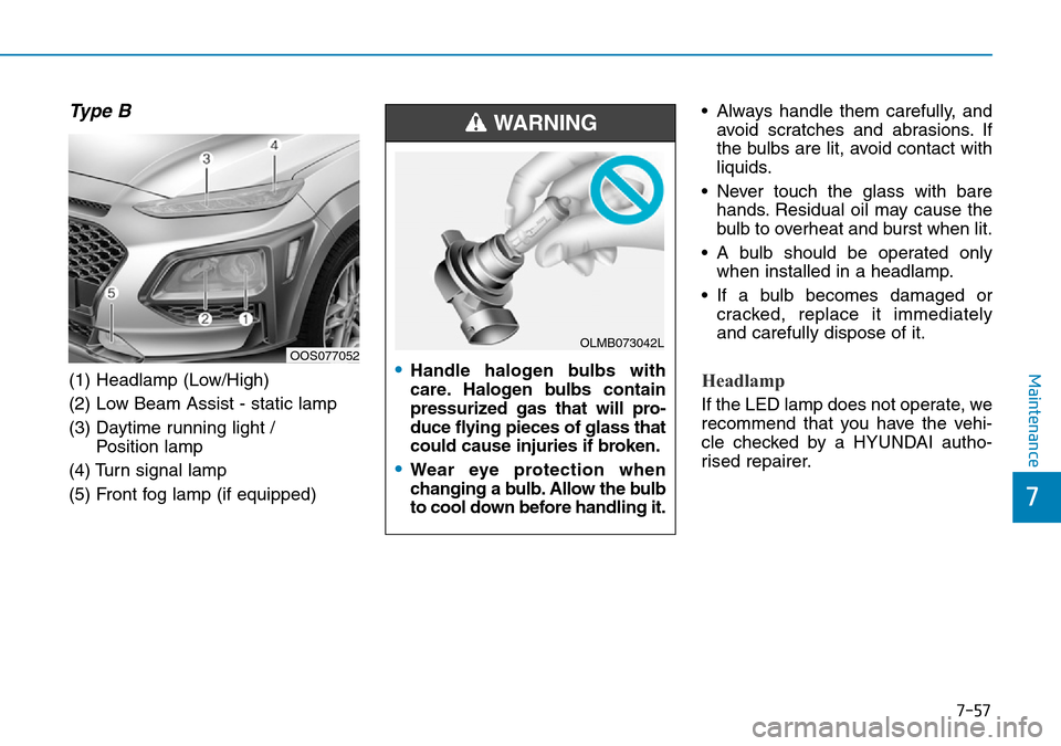 Hyundai Kona 2018 Owners Manual - RHD (UK, Australia) 7-57
7
Maintenance
Type B
(1) Headlamp (Low/High)
(2) Low Beam Assist - static lamp
(3) Daytime running light / Position lamp
(4) Turn signal lamp
(5) Front fog lamp (if equipped) • Always handle th Hyundai Kona 2018 Owners Manual - RHD (UK, Australia) 7-57
7
Maintenance
Type B
(1) Headlamp (Low/High)
(2) Low Beam Assist - static lamp
(3) Daytime running light / Position lamp
(4) Turn signal lamp
(5) Front fog lamp (if equipped) • Always handle th