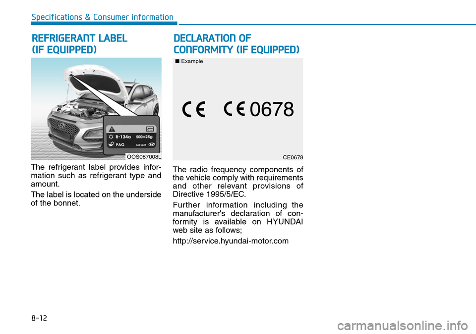 Hyundai Kona 2018  Owners Manual - RHD (UK, Australia) 8-12
Specifications & Consumer information
The refrigerant label provides infor-
mation such as refrigerant type and
amount.
The label is located on the underside
of the bonnet. The radio frequency co