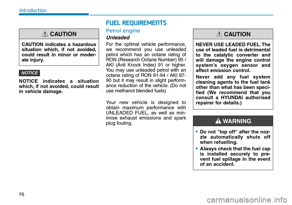 Hyundai Kona 2018  Owners Manual - RHD (UK, Australia) F6
Introduction
NOTICE indicates a situation
which, if not avoided, could result
in vehicle damage.
Petrol engine 
Unleaded
For the optimal vehicle performance,
we recommend you use unleaded
petrol wh