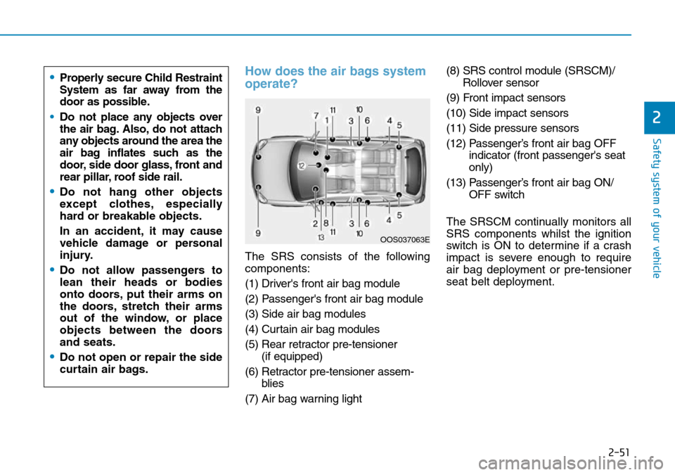 Hyundai Kona 2018 - RHD (UK, Australia) Repair Manual 2-51
Safety system of your vehicle
2
How does the air bags system
operate?
The SRS consists of the following
components:
(1) Drivers front air bag module
(2) Passengers front air bag module
(3) Sid Hyundai Kona 2018 - RHD (UK, Australia) Repair Manual 2-51
Safety system of your vehicle
2
How does the air bags system
operate?
The SRS consists of the following
components:
(1) Drivers front air bag module
(2) Passengers front air bag module
(3) Sid
