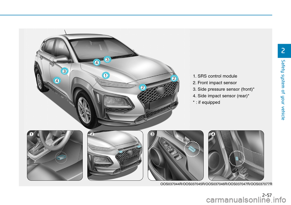 Hyundai Kona 2018 - RHD (UK, Australia) Manual PDF 2-57
Safety system of your vehicle
2
1. SRS control module
2. Front impact sensor
3. Side pressure sensor (front)*
4. Side impact sensor (rear)*
* : if equipped
OOS037044R/OOS037045R/OOS037046R/OOS037 Hyundai Kona 2018 - RHD (UK, Australia) Manual PDF 2-57
Safety system of your vehicle
2
1. SRS control module
2. Front impact sensor
3. Side pressure sensor (front)*
4. Side impact sensor (rear)*
* : if equipped
OOS037044R/OOS037045R/OOS037046R/OOS037
