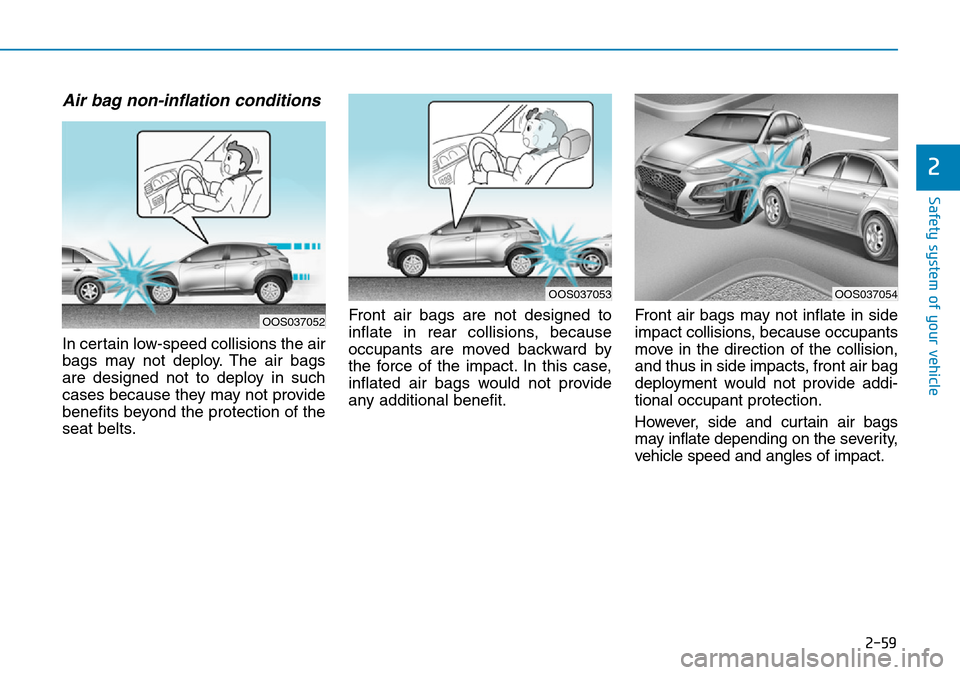 Hyundai Kona 2018 - RHD (UK, Australia) Manual PDF 2-59
Safety system of your vehicle
2
Air bag non-inflation conditions
In certain low-speed collisions the air
bags may not deploy. The air bags
are designed not to deploy in such
cases because they m Hyundai Kona 2018 - RHD (UK, Australia) Manual PDF 2-59
Safety system of your vehicle
2
Air bag non-inflation conditions
In certain low-speed collisions the air
bags may not deploy. The air bags
are designed not to deploy in such
cases because they m