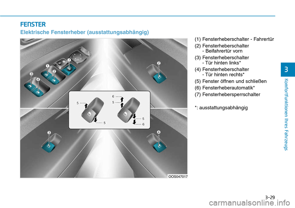 Hyundai Kona 2018 Betriebsanleitung (in German) 3-29
Komfortfunktionen Ihres Fahrzeugs
3
(1) Fensterheberschalter - Fahrert Hyundai Kona 2018 Betriebsanleitung (in German) 3-29
Komfortfunktionen Ihres Fahrzeugs
3
(1) Fensterheberschalter - Fahrert