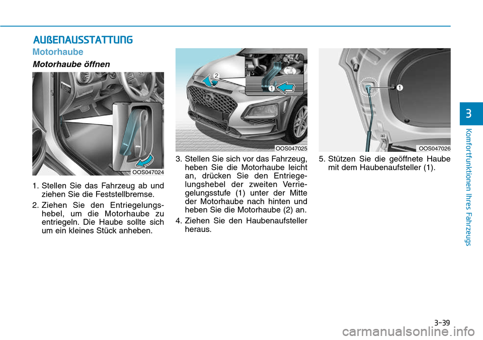 Hyundai Kona 2018 Betriebsanleitung (in German) 3-39
Komfortfunktionen Ihres Fahrzeugs
3
AUßENAUSSTATTUNG
Motorhaube
Motorhaube Hyundai Kona 2018 Betriebsanleitung (in German) 3-39
Komfortfunktionen Ihres Fahrzeugs
3
AUßENAUSSTATTUNG
Motorhaube
Motorhaube
