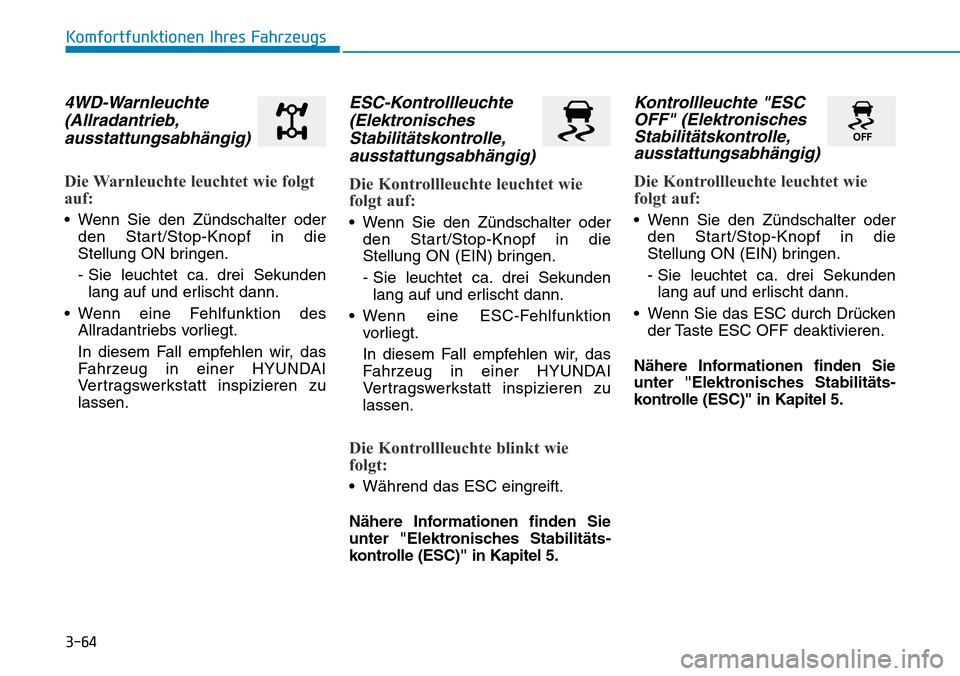 Hyundai Kona 2018 Betriebsanleitung (in German) 3-64
Komfortfunktionen Ihres Fahrzeugs
4WD-Warnleuchte(Allradantrieb,ausstattungsabh Hyundai Kona 2018 Betriebsanleitung (in German) 3-64
Komfortfunktionen Ihres Fahrzeugs
4WD-Warnleuchte(Allradantrieb,ausstattungsabh