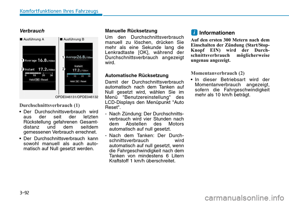Hyundai Kona 2018  Betriebsanleitung (in German) 3-92
Komfortfunktionen Ihres Fahrzeugs
Verbrauch
Durchschnittsverbrauch (1)
• Der Durchschnittsverbrauch wirdaus der seit der letzten 
R