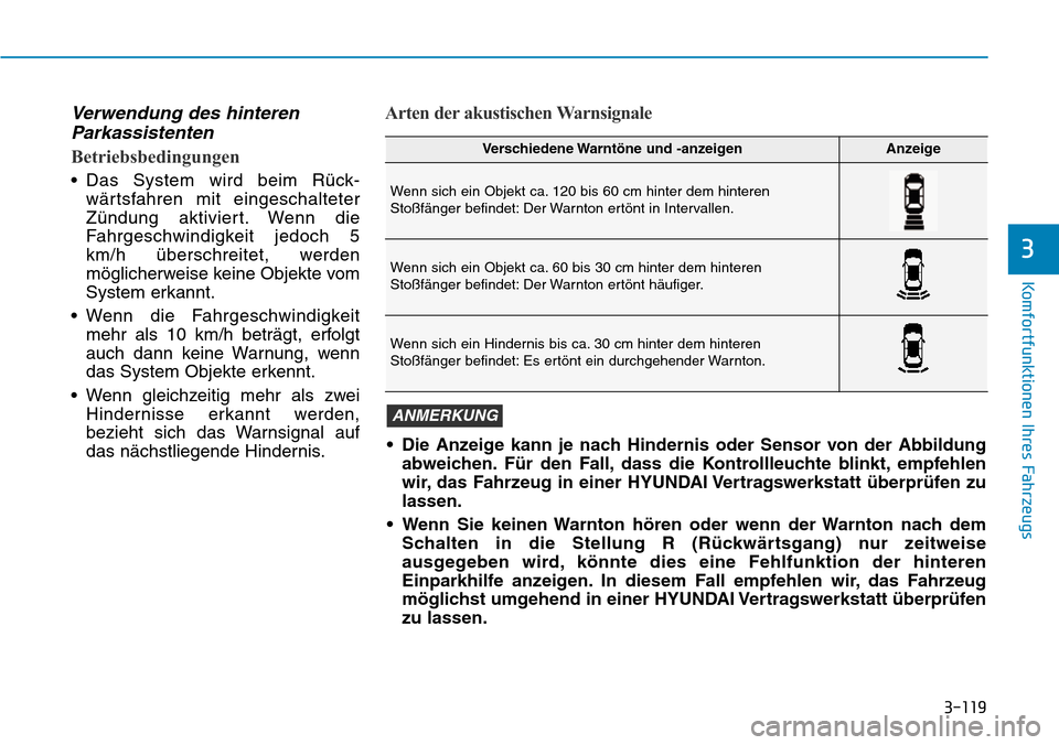 Hyundai Kona 2018 Betriebsanleitung (in German) 3-119
Komfortfunktionen Ihres Fahrzeugs
3
Verwendung des hinterenParkassistenten
Betriebsbedingungen
• Das System wird beim R Hyundai Kona 2018 Betriebsanleitung (in German) 3-119
Komfortfunktionen Ihres Fahrzeugs
3
Verwendung des hinterenParkassistenten
Betriebsbedingungen
• Das System wird beim R