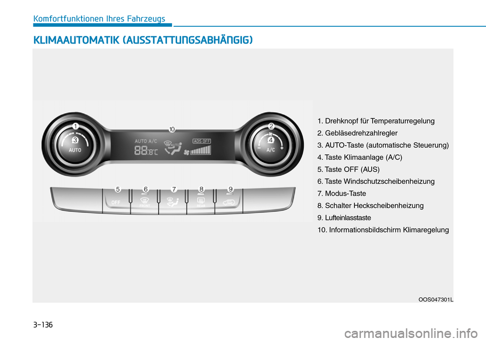Hyundai Kona 2018 Betriebsanleitung (in German) 3-136
Komfortfunktionen Ihres Fahrzeugs
KLIMAAUTOMATIK (AUSSTATTUNGSABHÄNGIG)
OOS047301L
1. Drehknopf f Hyundai Kona 2018 Betriebsanleitung (in German) 3-136
Komfortfunktionen Ihres Fahrzeugs
KLIMAAUTOMATIK (AUSSTATTUNGSABHÄNGIG)
OOS047301L
1. Drehknopf f