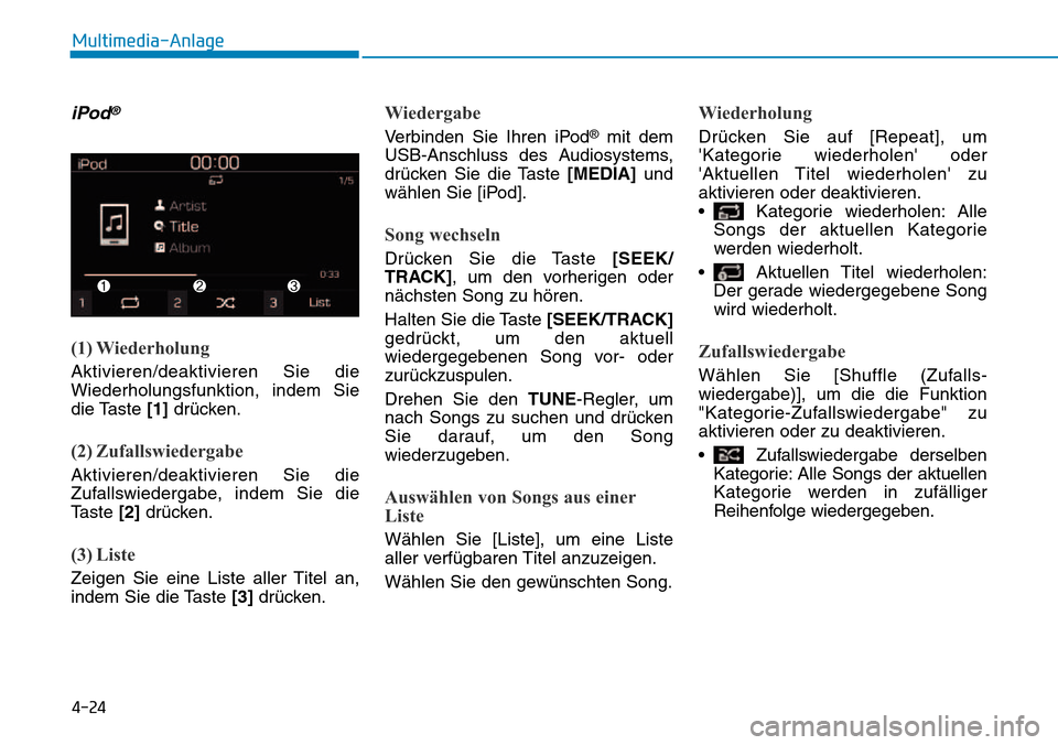 Hyundai Kona 2018  Betriebsanleitung (in German) 4-24
Multimedia-Anlage
iPod®
(1) Wiederholung
Aktivieren/deaktivieren Sie die Wiederholungsfunktion, indem Sie
die Taste [1]dr