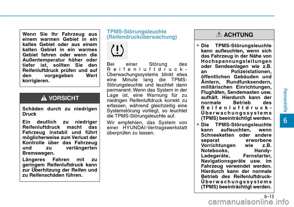 Hyundai Kona 2018 Betriebsanleitung (in German) 6-13
Pannenhilfe
6
TPMS-St Hyundai Kona 2018 Betriebsanleitung (in German) 6-13
Pannenhilfe
6
TPMS-St