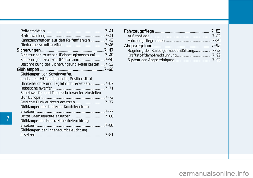 Hyundai Kona 2018 Betriebsanleitung (in German) 7
Reifentraktion ..................................................................7-41
Reifenwartung..................................................................7-41
Kennzeichnungen auf den Rei Hyundai Kona 2018 Betriebsanleitung (in German) 7
Reifentraktion ..................................................................7-41
Reifenwartung..................................................................7-41
Kennzeichnungen auf den Rei